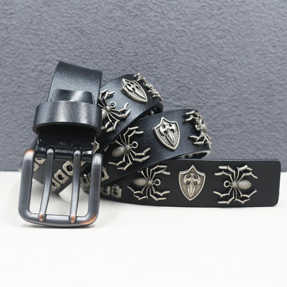 Rock Genuine Leather Luxury Punk Belt Jeans Heavy duty Hollow manual  Designer Brand Belt Men Rivet Three-pin buckle Belt Male