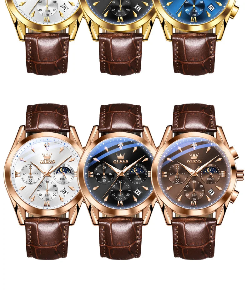 OLEVS Luxury Men's Watches Leather Strap Waterproof Luminous Chronograph Moon Phase Man Watch Top Original Quartz Watch for Men
