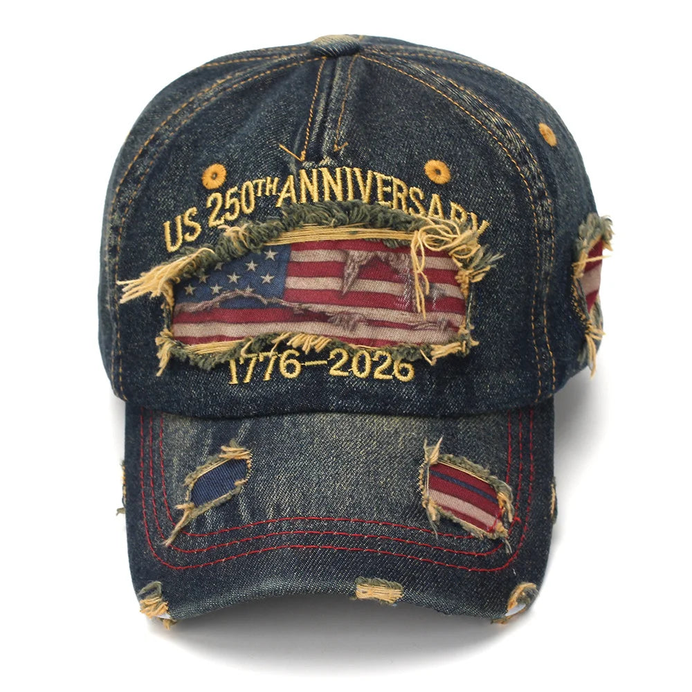 250th Anniversary of American Independence Commemorative Cowboy Ripped Baseball Cap, Patriotic Baseball Cap, Adjustable