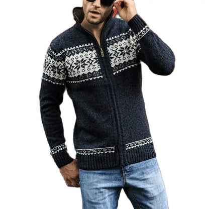 Men's Fair Isle Knitted Cardigan Full-Zip Nordic Pattern Thick Knitwear Multi-Color High-Neck Sweater Jacket for Winter