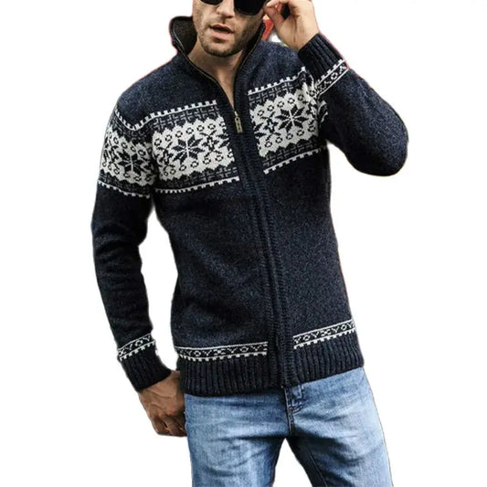 Men's Fair Isle Knitted Cardigan Full-Zip Nordic Pattern Thick Knitwear Multi-Color High-Neck Sweater Jacket for Winter