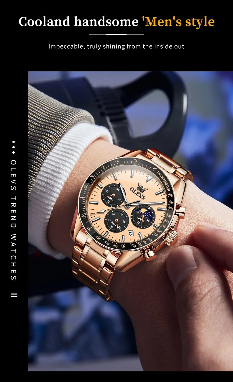 OLEVS 3618 Waterproof Luminous Date Moon Chronograph Wristwatches Mens Luxury Stainless Steel Quartz Watch for Men Reloj Hombre