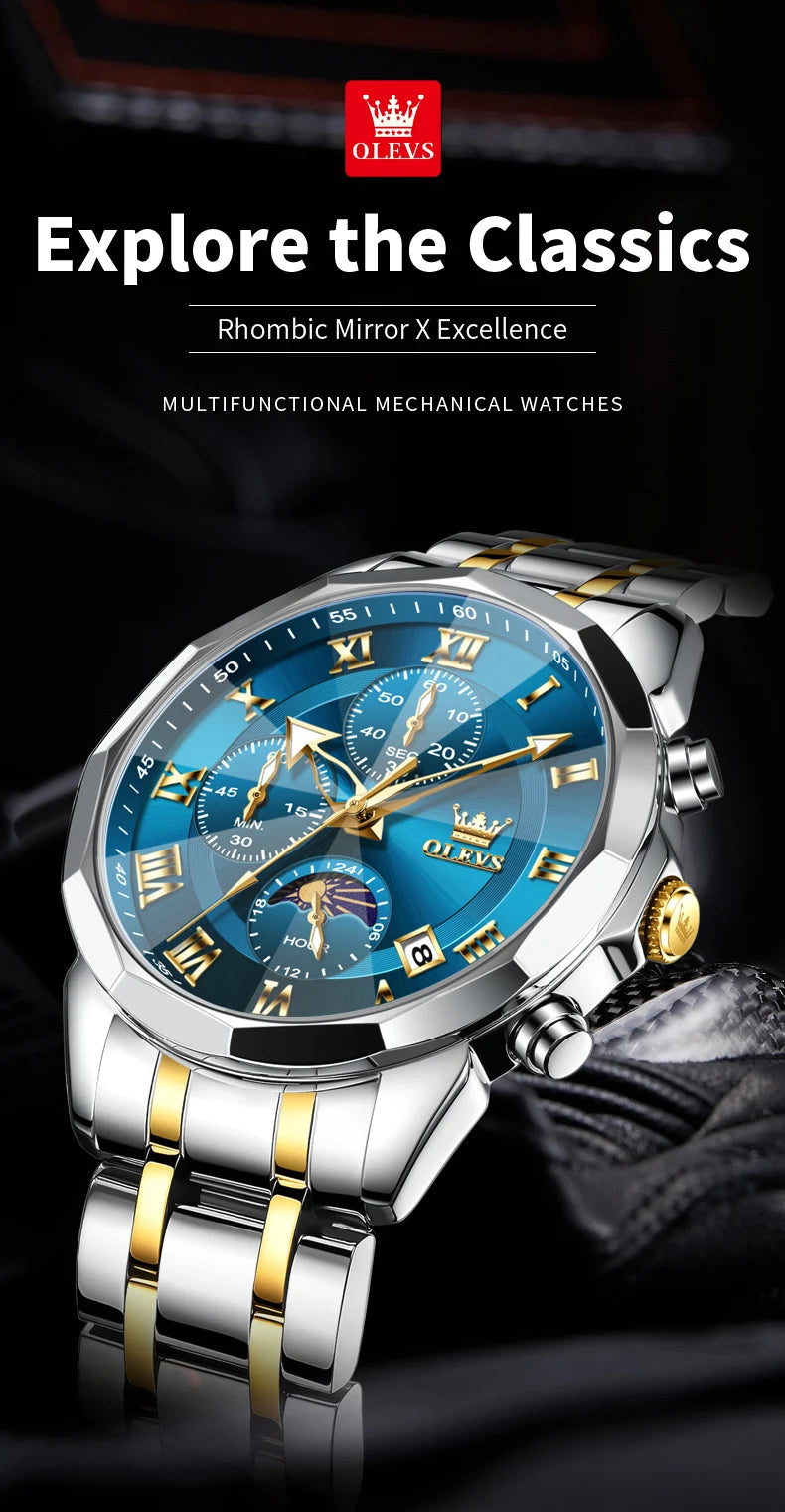 OLEVS 3675 Luxury Calendar Stainless Steel Quartz Mens Wristwatches Chronograph Waterproof Watch for Men Luminous Reloj Hombre