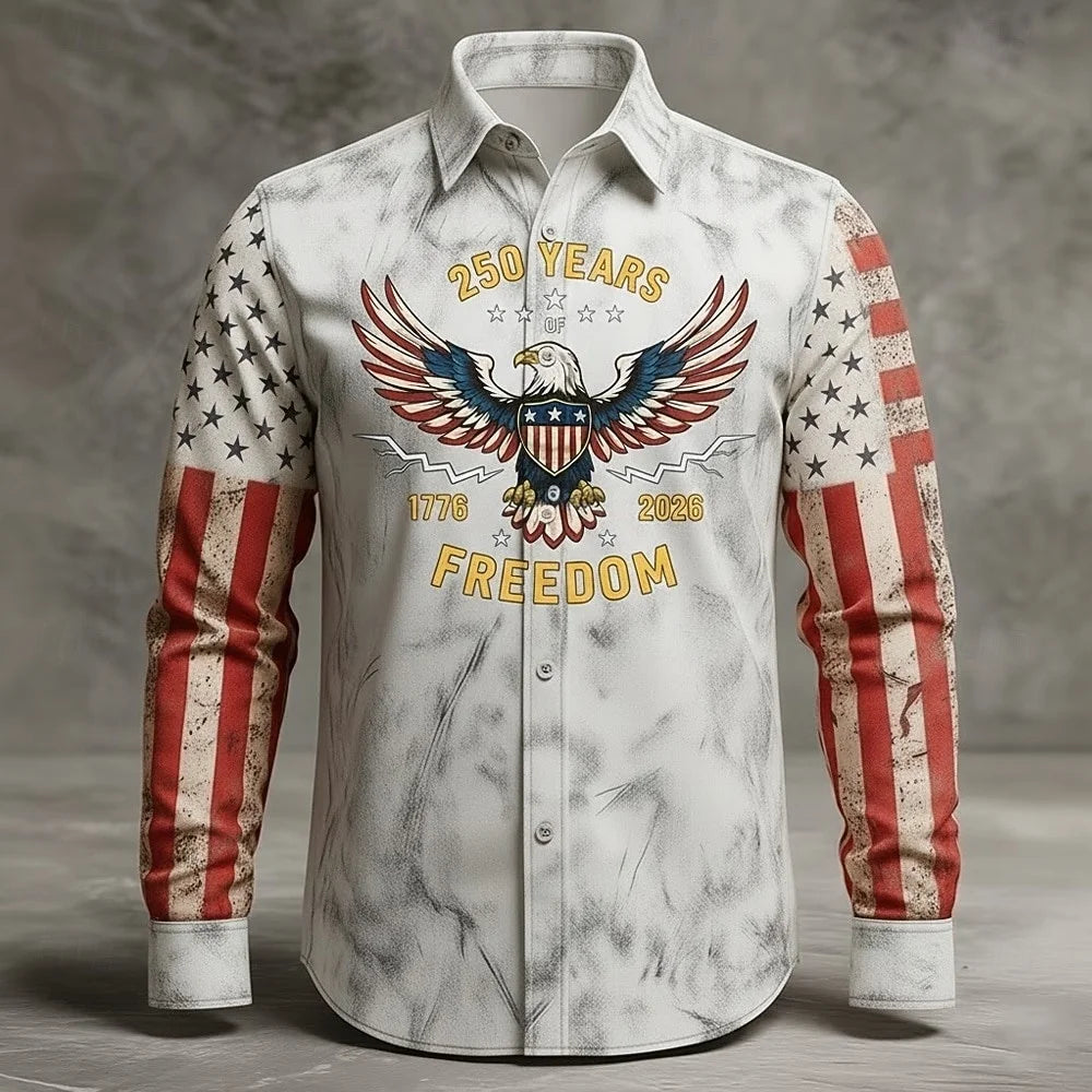 Men's Shirt Us Flag Freedom 250th Anniversary Trendy Retro 3D Print Top Autumn Long Sleeved Button up Spring Fall Holiday Shirts