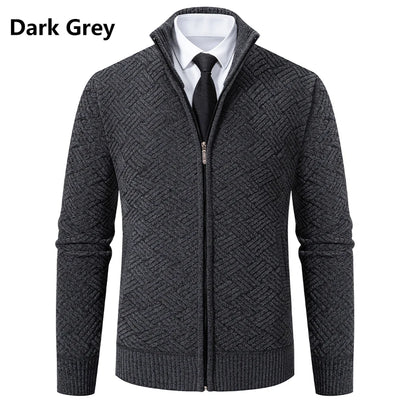 Mens Sweaters Jacket Full Zip Fleeced Sweater Cardigan Plaid Stand Collar Sweaters Coat Autumn Winter Homme Clothes