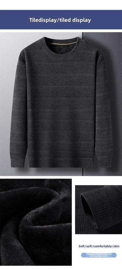 Fleece-Lined Knitted Pullover Sweater Casual Jumper for Men Insulated Warm Long Sleeve Thick Material Round Neck Design