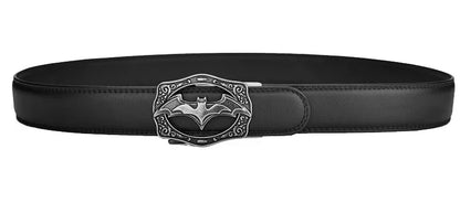 Men's Vintage Bat Pattern Genuine Leather Belt, Silver Gold Automatic Buckle, Plus Size 130 140 150 160 170cm Casual Waistband