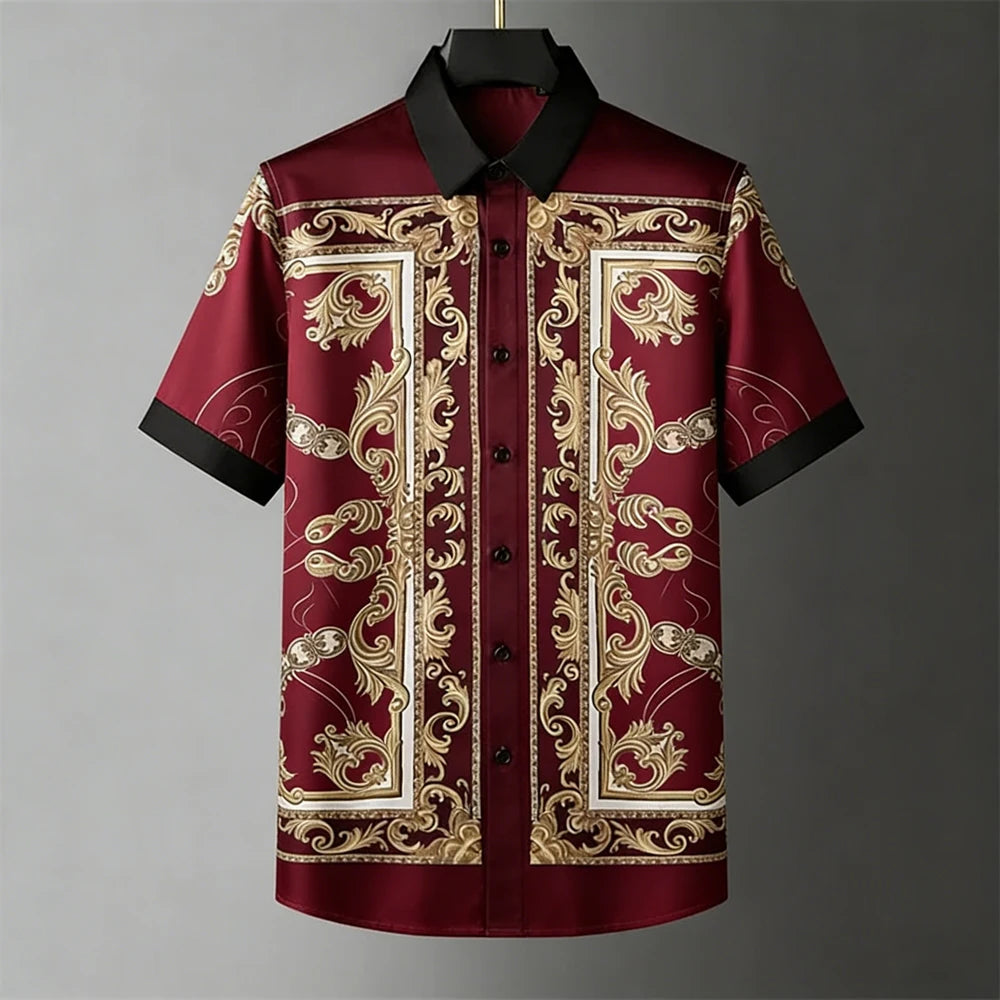 Men's Fashion Retro Breathable Soft Short Sleeve Shirt Gold Pattern Natural 3D Printed Shirt Men's Wedding Casual Party Tops Men