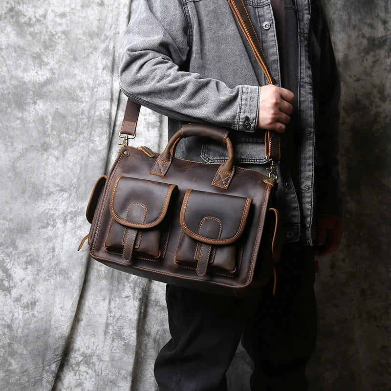 NZPJ Vintage Genuine Leather Men's Briefcase Crazy Horse  Handbag Natural Cowhide Travel Bag Casual Shoulder Crossbody Bag
