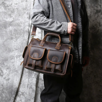 NZPJ Vintage Genuine Leather Men's Briefcase Crazy Horse  Handbag Natural Cowhide Travel Bag Casual Shoulder Crossbody Bag