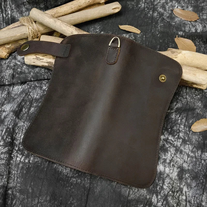 Men's Genuine Leather Wallet Chain Snap Bifold Purse Crazy Horse Leather Card Case Phone Card Holder Clutch Dragon Wallet