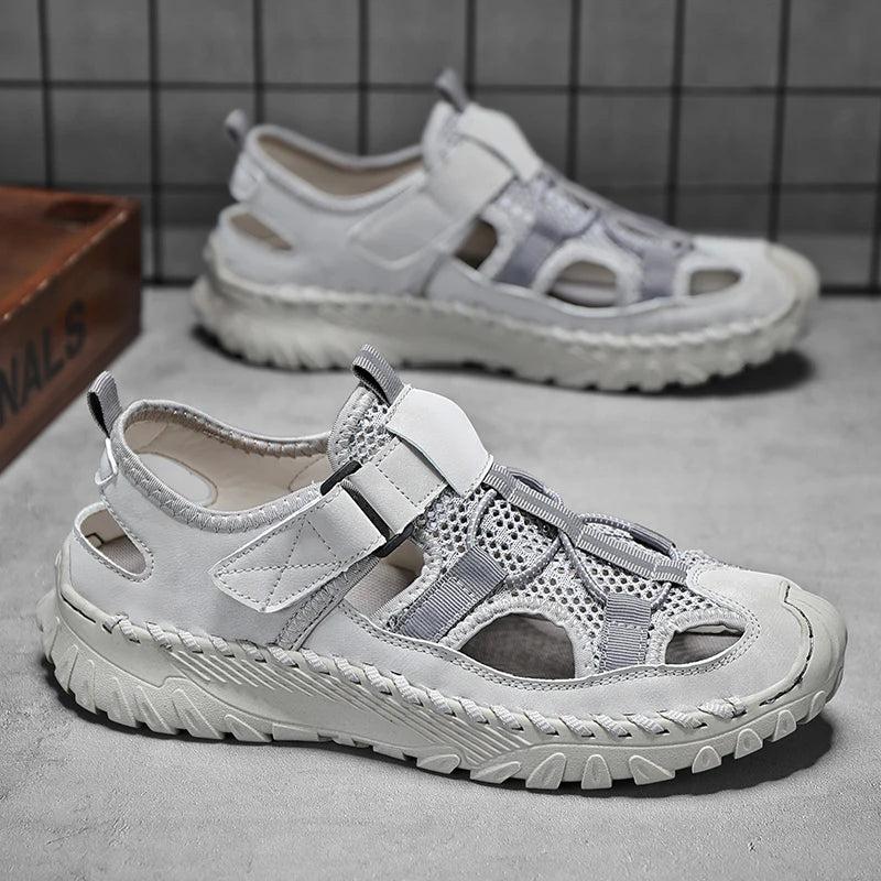Men Outdoor Protective Toe Sandals Hollow Breathable Mesh Upper Quick Dry Lining Non Slip Walking Camping Driving Casual Shoes