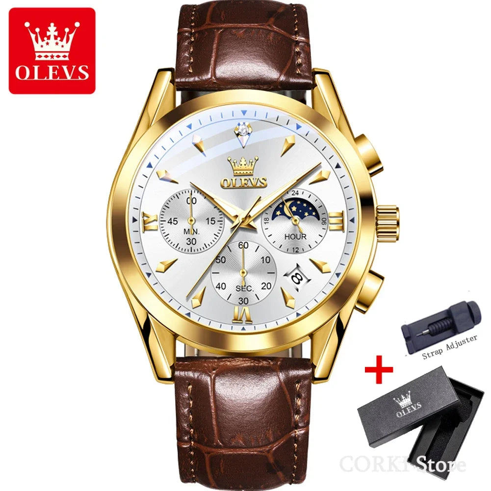 OLEVS 3609 Original Moon Phase Chronograph Watch for Men Leather Waterproof Luminous Luxury Quartz Mens Wristwatches Reloj Mujer
