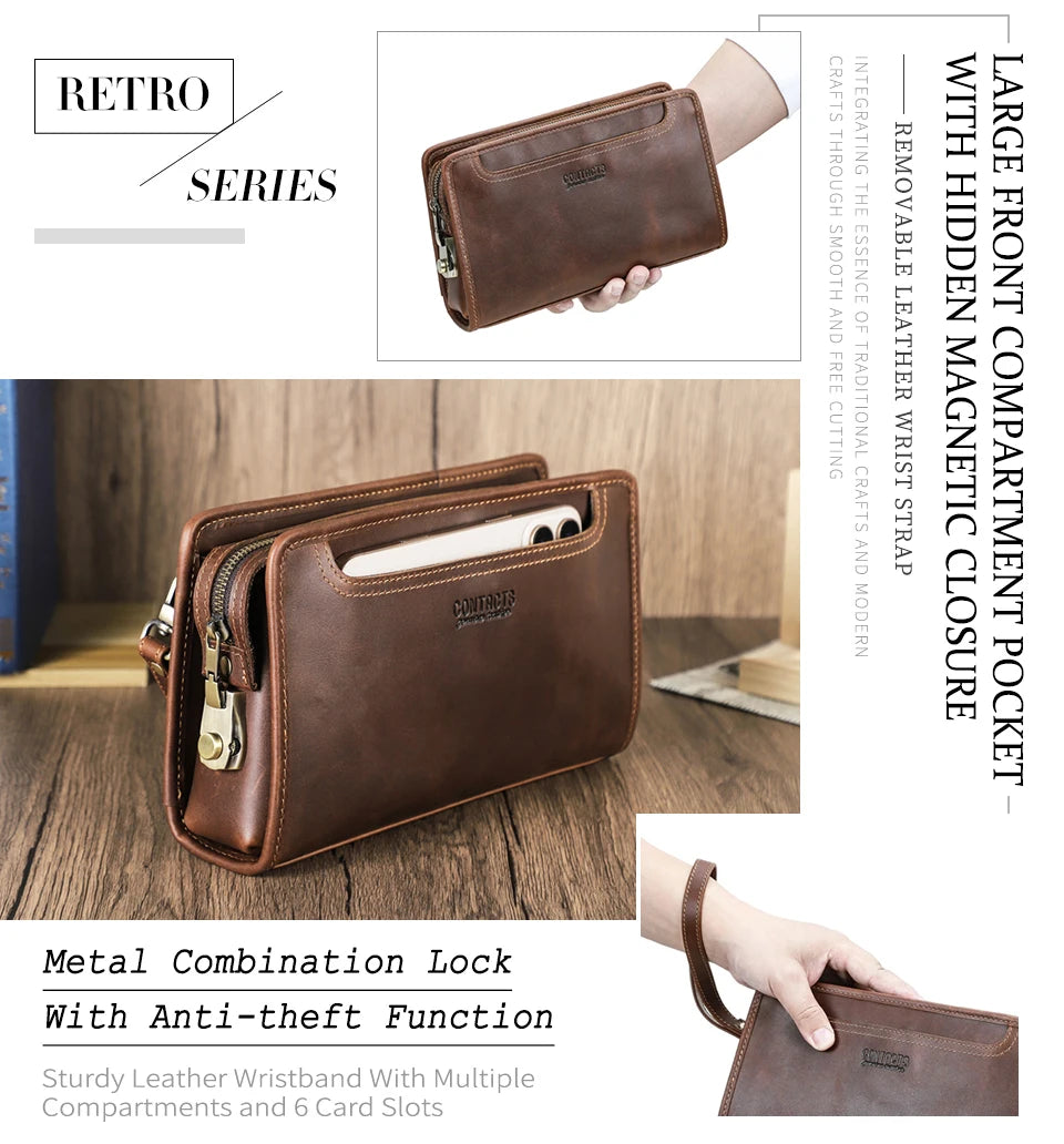 CONTACT'S Genuine Leather Handbag Men Vintage Small Cluth Bag 6 Card Holder iPad Mini Metal Lock Travel Business Pouch Bag
