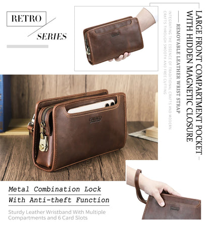 CONTACT'S Genuine Leather Handbag Men Vintage Small Cluth Bag 6 Card Holder iPad Mini Metal Lock Travel Business Pouch Bag