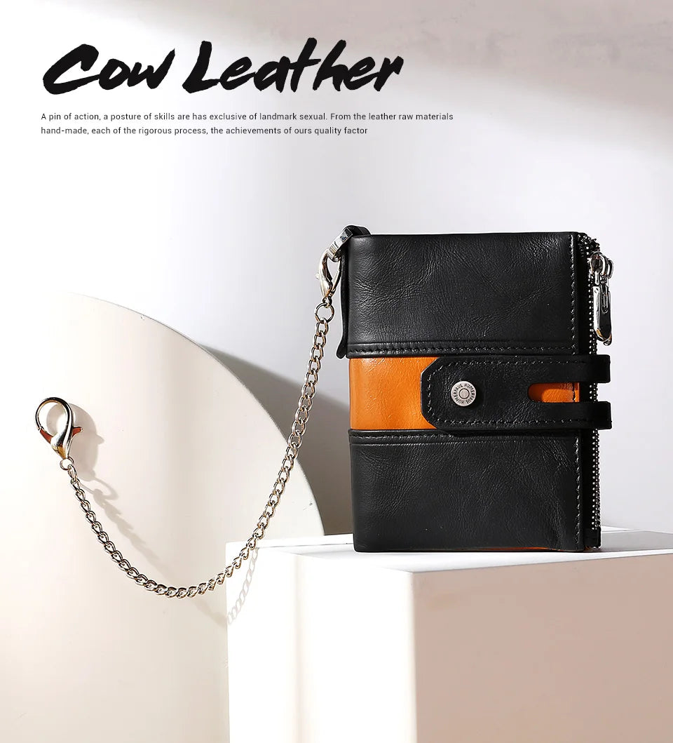 HUMERPAUL Genuine Leather Men's Wallet Fashion Quality Travel Purse Rfid Protect Credit Card Holder Wollst for Men with Chain