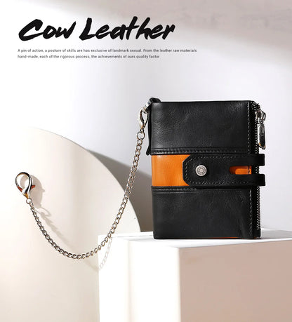 HUMERPAUL Genuine Leather Men's Wallet Fashion Quality Travel Purse Rfid Protect Credit Card Holder Wollst for Men with Chain