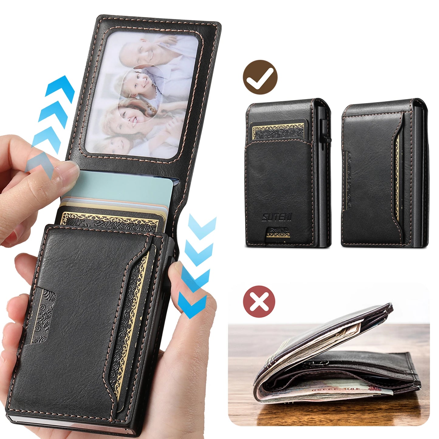 SUTENI PU Leather For Men Wallet Card Slot Wallet Flip Cover card box Pressing The Button Automatically Ejects The Card