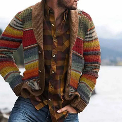 Mens 2026 Fall Winter Color Block Cardigan Collared Knit Sweater Jacket Casual Outerwear
