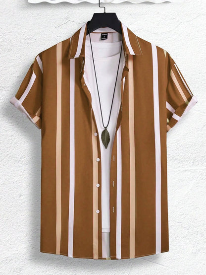 Summer Men's Colorful Stripes3DPattern Printed Street Fashion Casual Short-Sleeved Shirt - OutdoorQuick-Drying Short-SleeveShirt