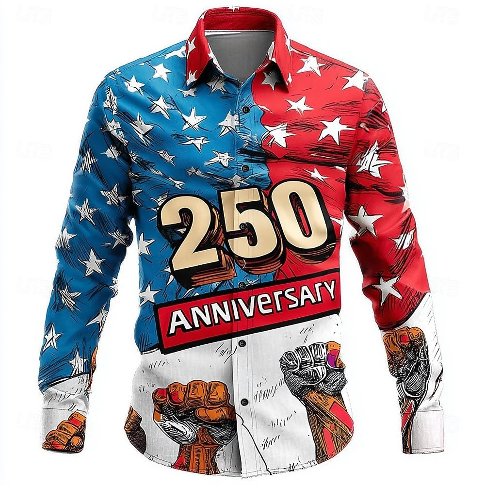 Men's Shirt Us Flag Freedom 250th Anniversary Trendy Retro 3D Print Top Autumn Long Sleeved Button up Spring Fall Holiday Shirts