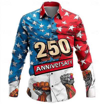 Men's Shirt Us Flag Freedom 250th Anniversary Trendy Retro 3D Print Top Autumn Long Sleeved Button up Spring Fall Holiday Shirts