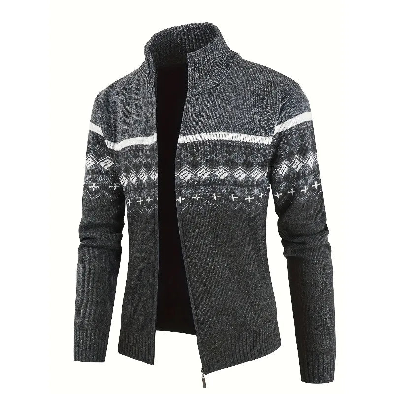 Men's Zip Up Fair Isle Cardigan Sweater Warm Knit Jacquard Stand Collar Casual Winter Pullover with Thermal Lining