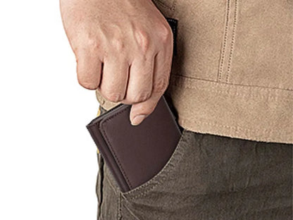 Pomelo Best Portable Men's Bifold Small Vintage Genuine Fine Grain Leather Wallet with Coin Compartment Press Stud Gift for Men