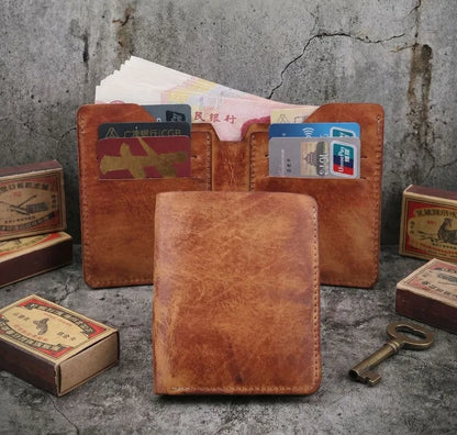Retro Handcrafted Genuine Leather Small Wallet for Men, Vintage Durable EDC Card Holder, Men Multi-card Slots Organizer Wallet