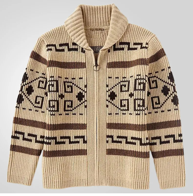 Men's Geometric Knit Cardigan Shawl Collar Full Zip-Up Tribal Print Sweater Chunky Ribbed Knit Vintage Navajo-Inspired Jacket