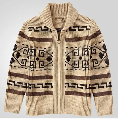 Men's Geometric Knit Cardigan Shawl Collar Full Zip-Up Tribal Print Sweater Chunky Ribbed Knit Vintage Navajo-Inspired Jacket