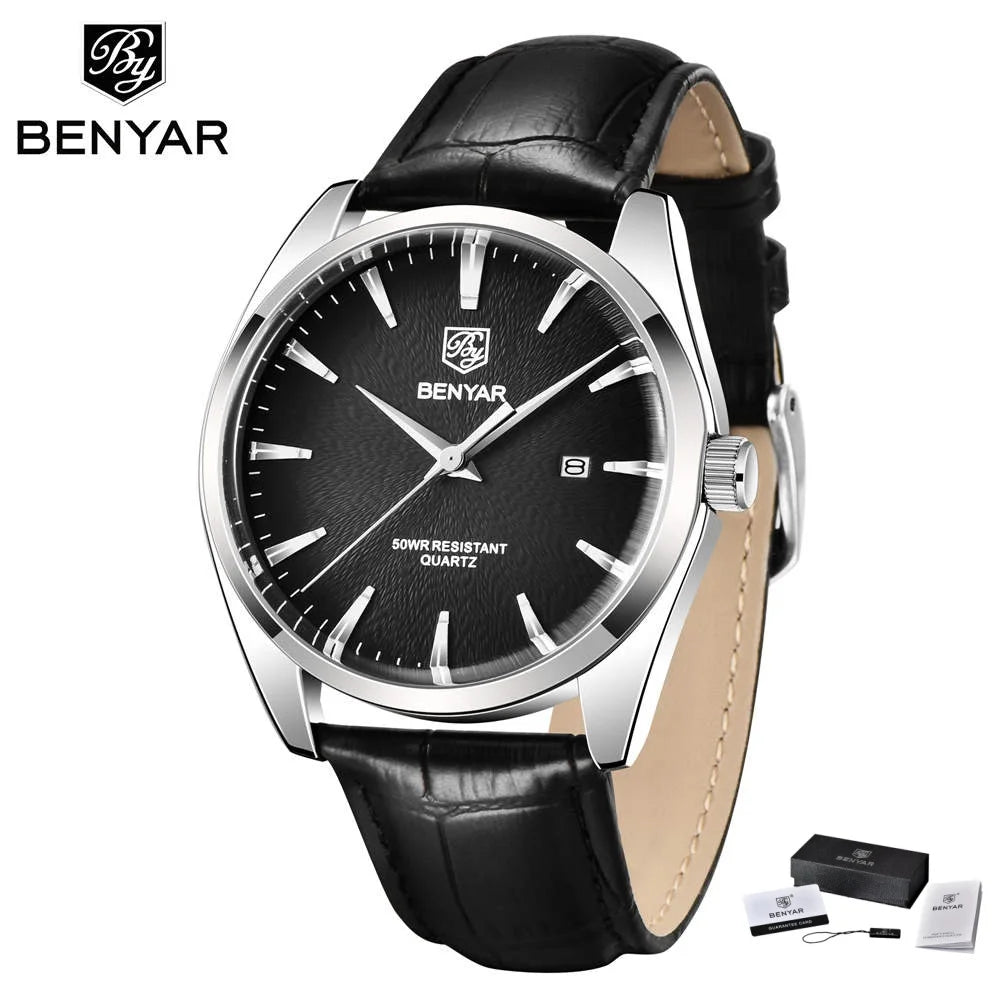 Benyar 5163 Top Brand Luxury Military Wristwatches Leather Quartz Watches Waterproof Simple Watch for Men Reloj Hombre