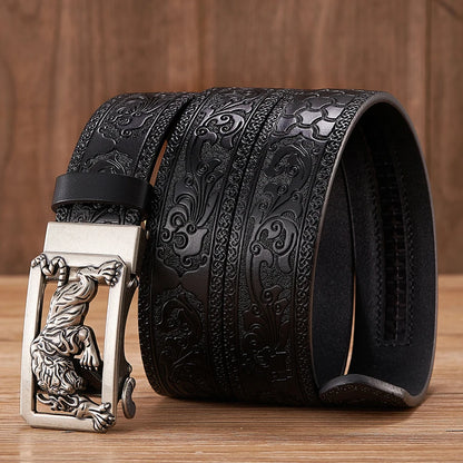 3.5cm Fashion Embossing Retro Male Belts for Men Business Split Leather Belt Dragon Pattern Automatic Buckle Strap
