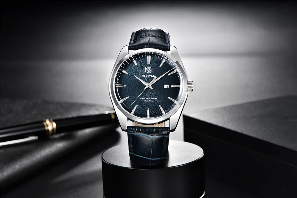 Benyar 5163 Top Brand Luxury Military Wristwatches Leather Quartz Watches Waterproof Simple Watch for Men Reloj Hombre