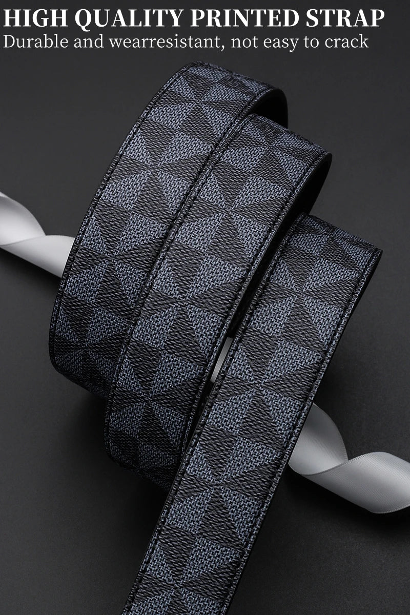 Men's Luxury Automatic Buckle Belt Classic Triangle Pattern PU Leather Business Casual Waistband for Jeans