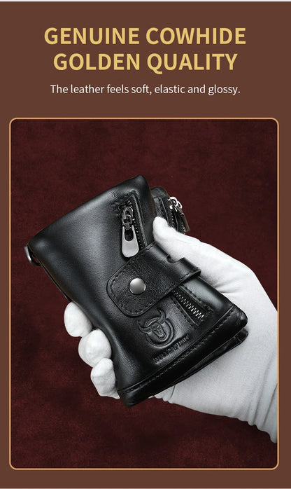 Bullcaptain Genuine Leather Men's Wallet Fashion Quality Travel Purse Rfid Protect Credit Card Holder Wollst for Men with Chain