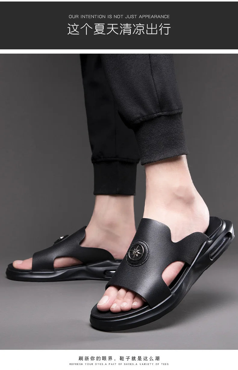 New Luxury Men's Genuine Leather Sandals Classic Roman Men Shoes Slippers Soft Comfortable Men Non-slip Walking Slippers Footwea