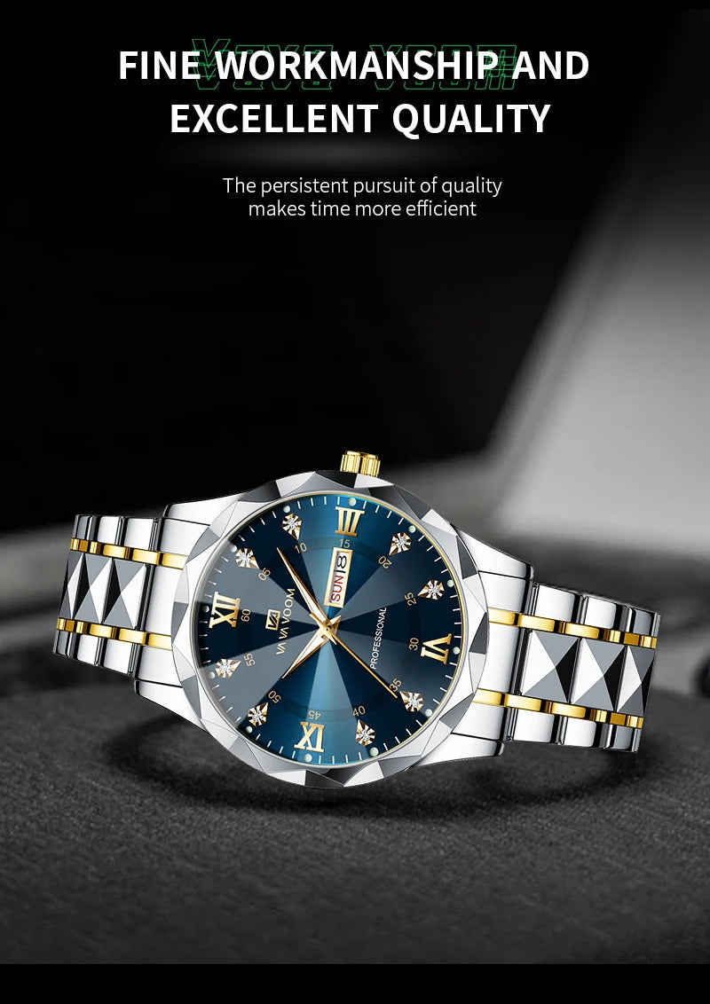 VA VA VOOM Hot Selling Original Blue Gold Creative Design Classic Hot selling Quartz Watch Men Fashion High Quality Rhombus Design Fashion Business Japanese Movement Gold Stainless Steel Fashion Clock Sports Watch for Men Gif