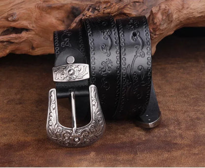 High Quality Court Style Embossed Western Cowboy Steel Buckle Belt Genuine Leather Designer Men Belt Punk Jeans Belts For Men