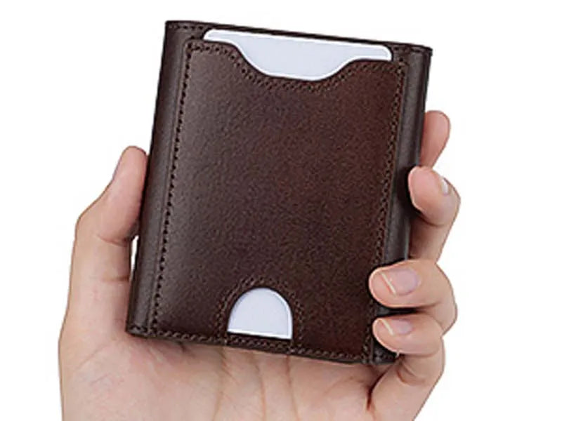 Pomelo Best Portable Men's Bifold Small Vintage Genuine Fine Grain Leather Wallet with Coin Compartment Press Stud Gift for Men