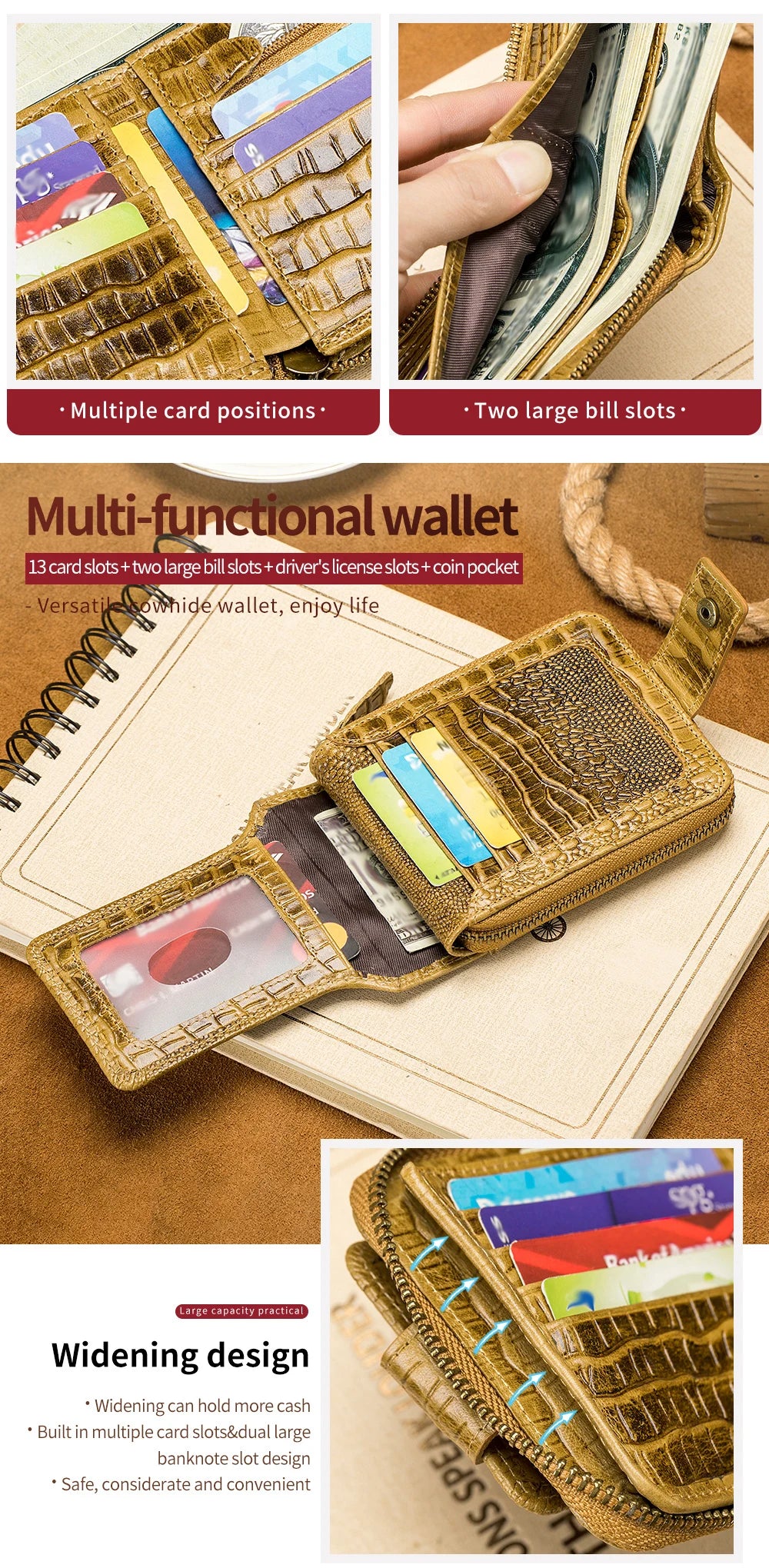 Cowhide Men's Wallet with Crocodile Pattern Genuine Leather Large Capacity Card Slot Zero Wallet