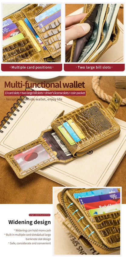 Cowhide Men's Wallet with Crocodile Pattern Genuine Leather Large Capacity Card Slot Zero Wallet