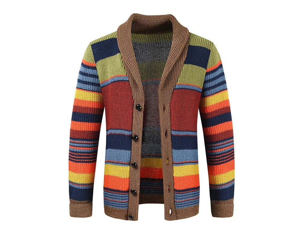 Winter Men's Rainbow Sweaters Cardigan Fashion Man Warm Knitted Sweaters Coats Man Lapel Windbreaker Knitted Jackets Clothing