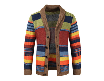 Winter Men's Rainbow Sweaters Cardigan Fashion Man Warm Knitted Sweaters Coats Man Lapel Windbreaker Knitted Jackets Clothing