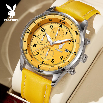 PLAYBOY Luxury Quartz Men's Watches Fashion Casual Leather Strap Sports Chronograph Wristwatch Original Waterproof Watches 3303