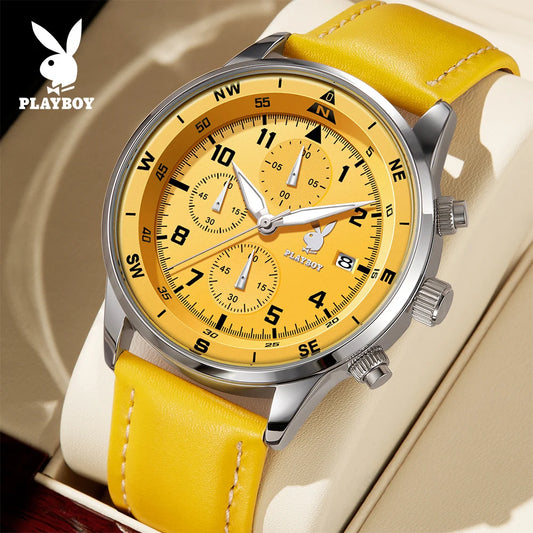 PLAYBOY Luxury Quartz Men's Watches Fashion Casual Leather Strap Sports Chronograph Wristwatch Original Waterproof Watches 3303