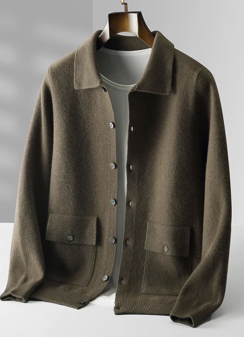 Autumn And Winter 100% Cashmere Cardigan Men's POLO Collar Coat Knitted Baseball Uniform Jacket Bottoming Wool Sweater