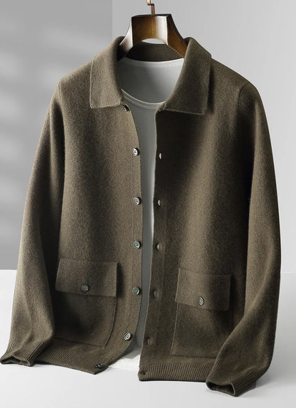 Autumn And Winter 100% Cashmere Cardigan Men's POLO Collar Coat Knitted Baseball Uniform Jacket Bottoming Wool Sweater