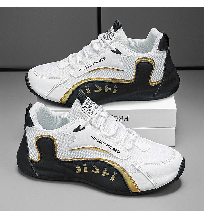 Trendy Black and Gold Color-Blocking Mesh Casual Shoes, Men's Breathable Shock-Absorbing Thick-Soled Sneakers, Versatile Soft-Soled Non-Slip Men's Shoes for Daily Commuting