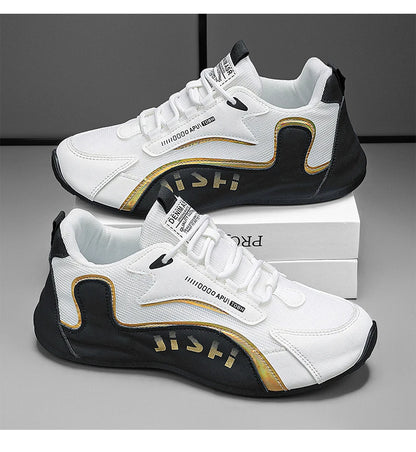 Trendy Black and Gold Color-Blocking Mesh Casual Shoes, Men's Breathable Shock-Absorbing Thick-Soled Sneakers, Versatile Soft-Soled Non-Slip Men's Shoes for Daily Commuting